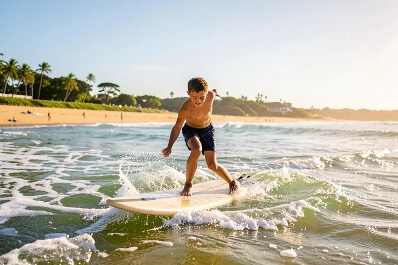 Grupo de alunos treinando take off na areia durante aula de surf