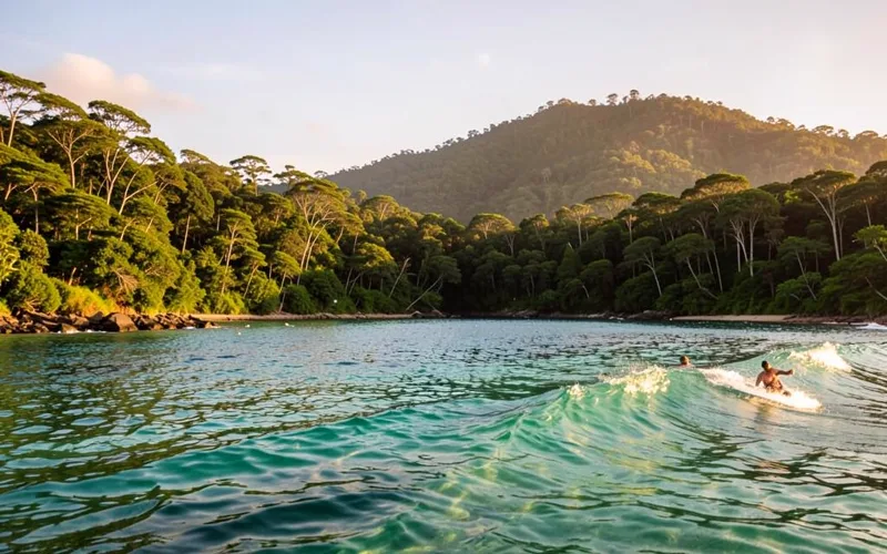Surfista pegando onda em mar verde e transparente com mata atlântica ao fundo em Bombinhas