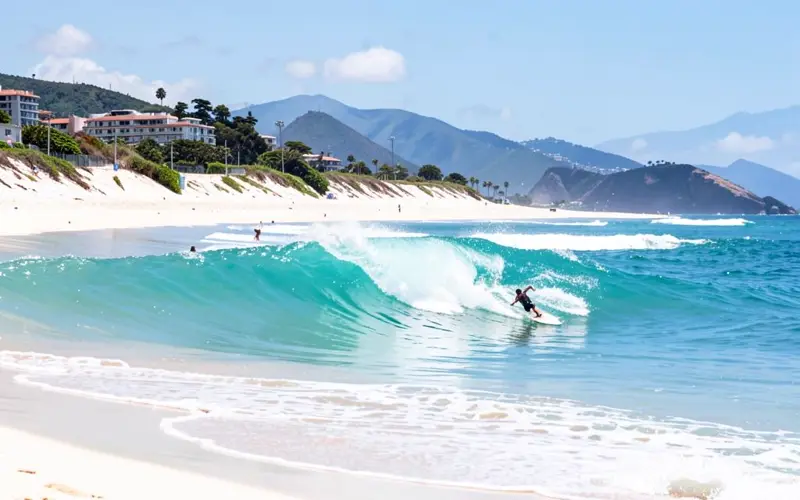 Onda tubular quebrando em praia de areia branca e água azul-turquesa em Cabo Frio