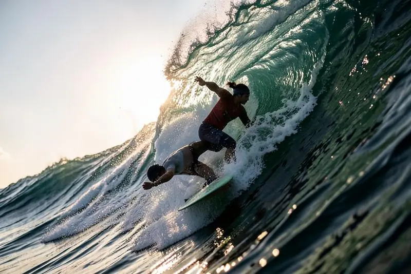 Surfista cavando na parede da onda com a prancha inclinada no rail