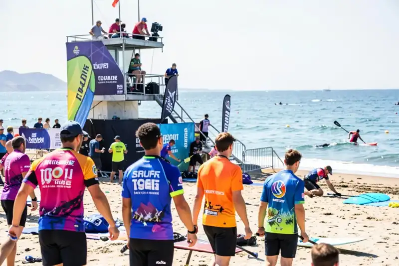 Surfista competindo em bateria com lycra de competição e bandeiras na praia