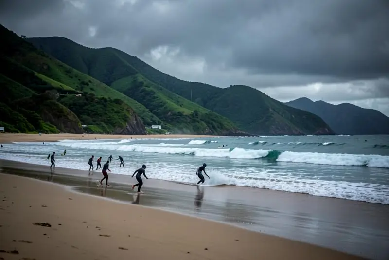 Praia do litoral catarinense com morros verdes ao fundo e surfistas entrando na água
