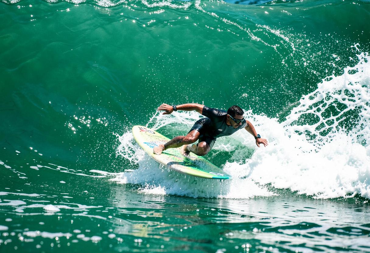 Surfista mergulhando com a prancha por baixo de uma onda verde quebrando