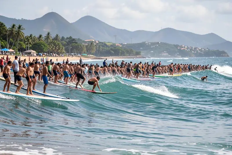 Surfistas aguardando ondas sentados nas pranchas no line-up