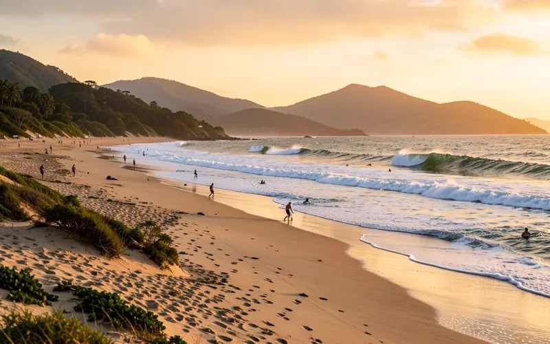 Praia extensa com ondas quebrando e surfistas ao entardecer em Garopaba