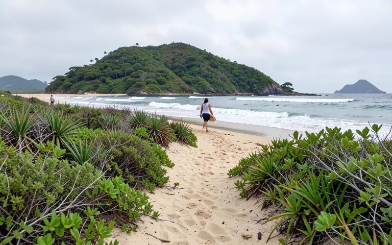 Trilha de areia entre a vegetação levando à praia da Ilha do Mel com ondas ao fundo