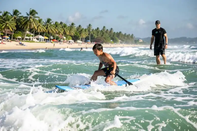 Iniciante carregando uma softboard branca em direção ao mar em praia brasileira