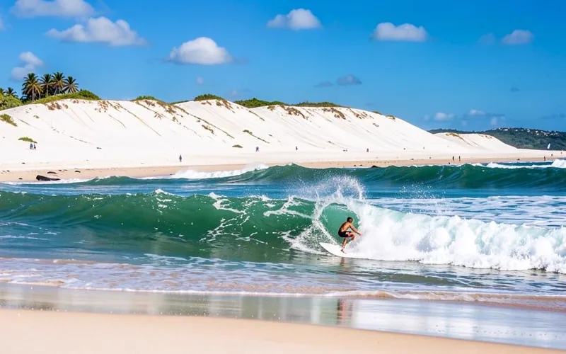 Surfista fazendo curva em onda verde com dunas brancas da Joaquina ao fundo