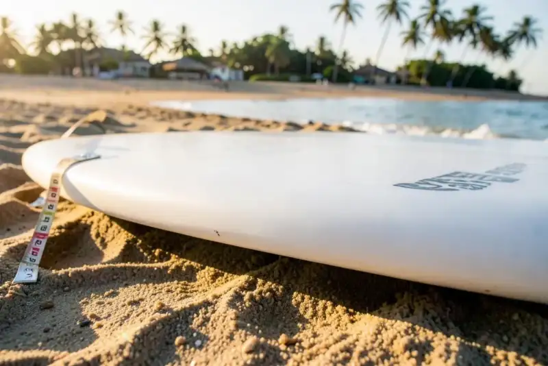 Prancha de surf sendo medida com fita métrica sobre cavaletes na oficina do shaper