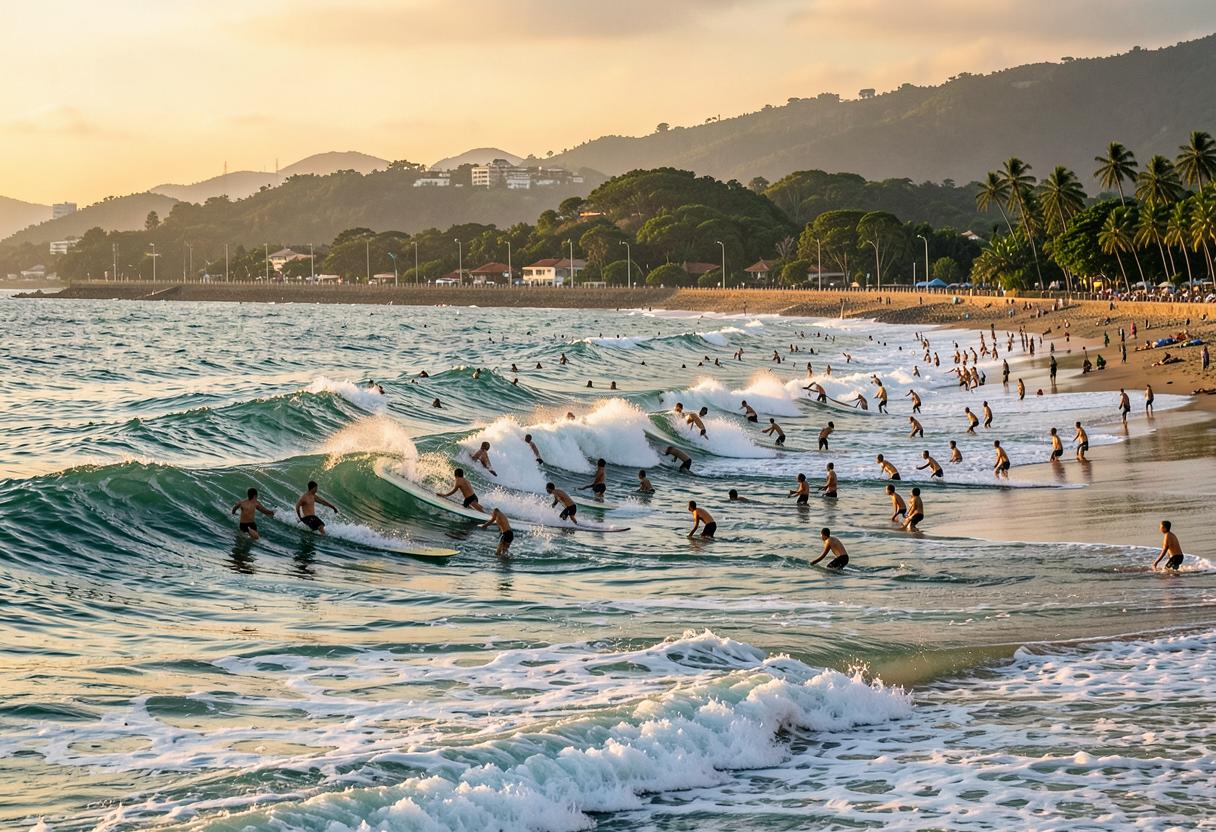 Surfistas no line-up de Matinhos com ondas de beach break e morros ao fundo