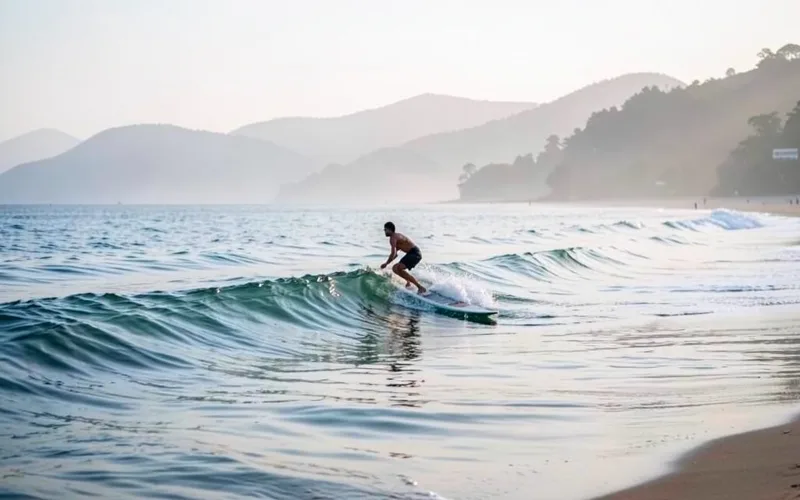 Surfista de longboard deslizando em onda pequena e limpa no litoral do Paraná