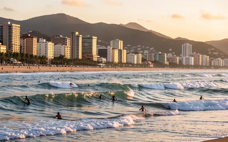 Praia urbana da Baixada Santista com prédios ao fundo e vários surfistas na água