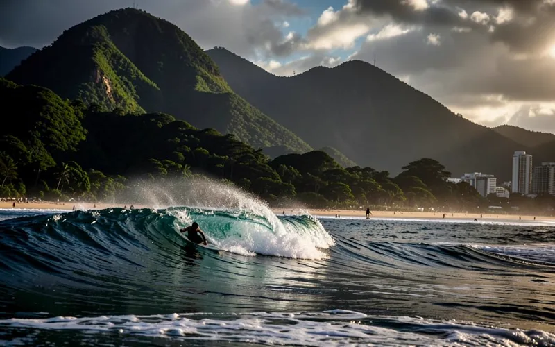 Surfista dropando onda verde com montanhas cobertas de mata ao fundo em São Sebastião