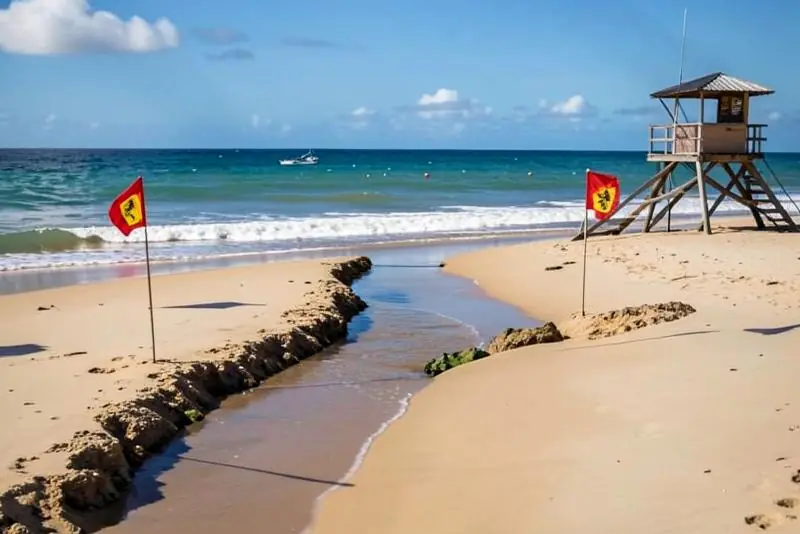 Mar com corrente de retorno visível formando canal de água mais escura