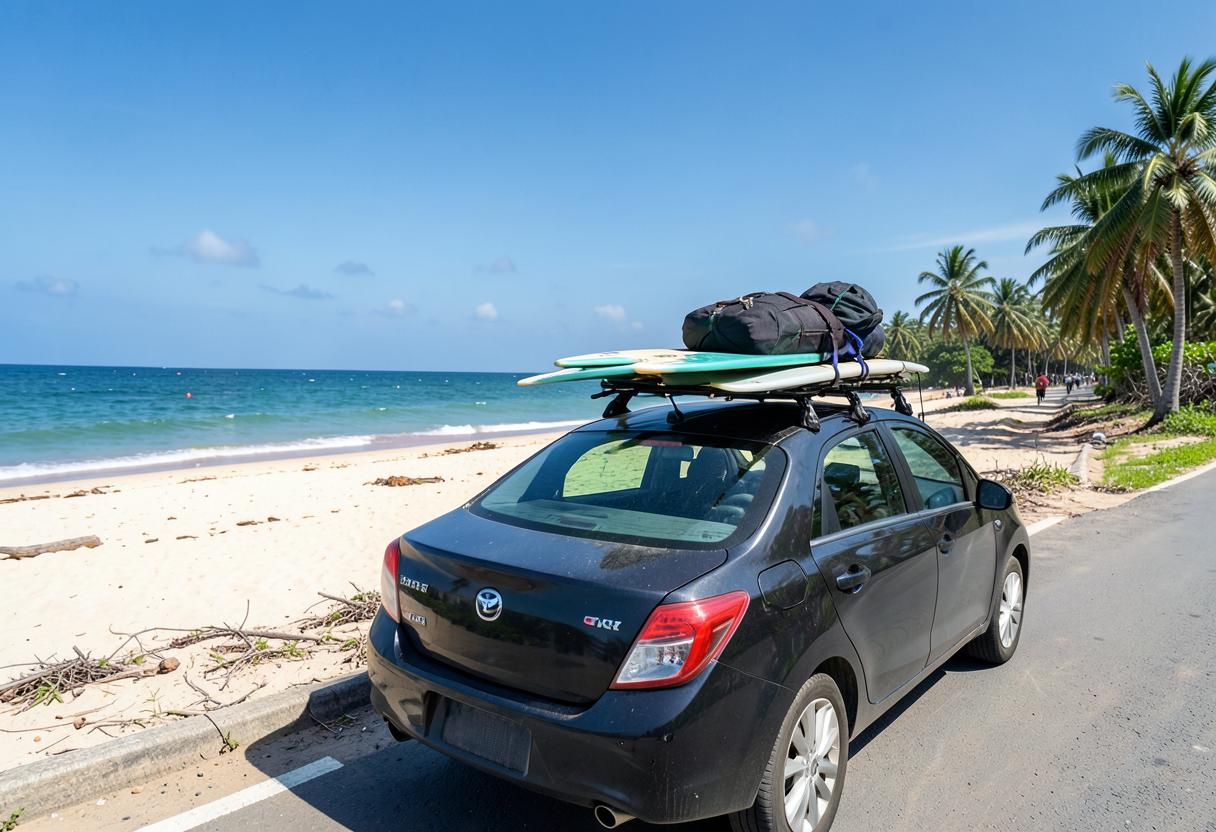 Carro com pranchas de surf no bagageiro parado em estrada à beira de praia com coqueiros